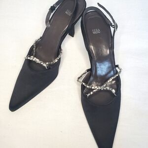 Vera Wang NEVER WORN black satin and crystal slingback heels 6B